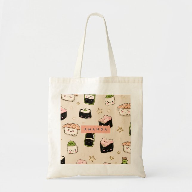 Personalised Adorable Sushi and Soy Sauce Pattern Tote Bag (Front)