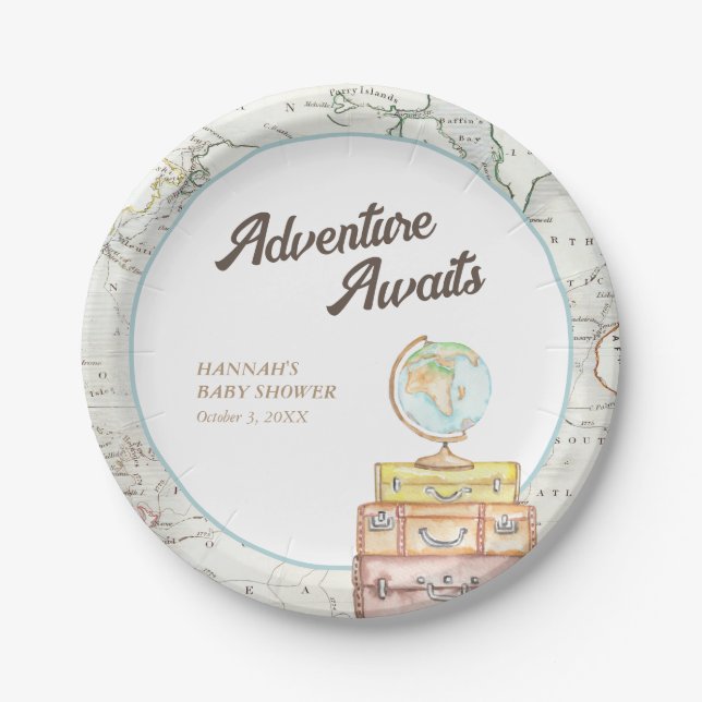 Personalised Adventure Awaits Baby Shower Plates (Front)