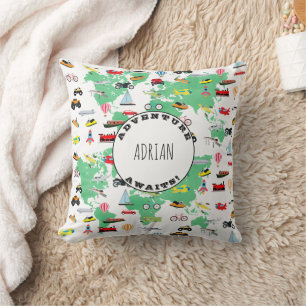 Personalised Adventure Awaits World Map Vehicles Cushion