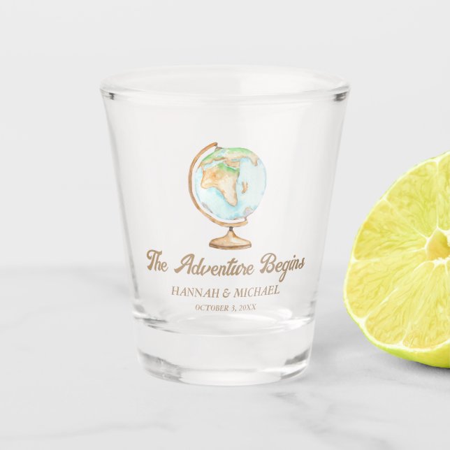 Personalised Adventure Begins Travel Wedding Favou Shot Glass (Front)