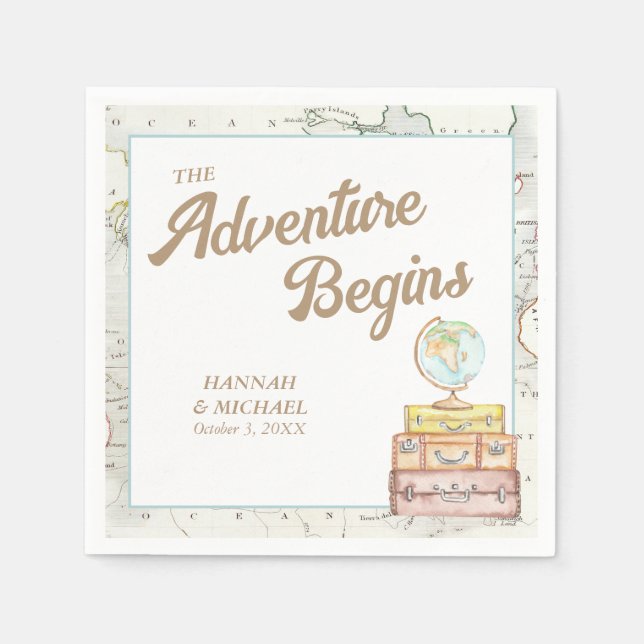 Personalised Adventure Begins Wedding Napkins (Front)