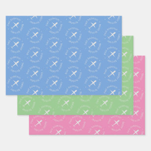 Personalised Aeroplane Birthday Blue Green Pink Wrapping Paper Sheet