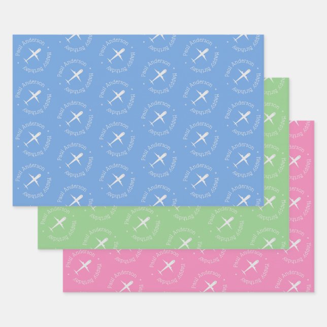 Personalised Aeroplane Birthday Blue Green Pink Wrapping Paper Sheet (Set)