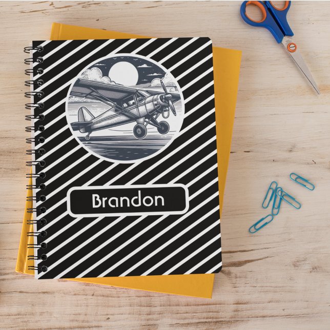 Personalised Aeroplane, Black and White Striped Notebook (Creator Uploaded)