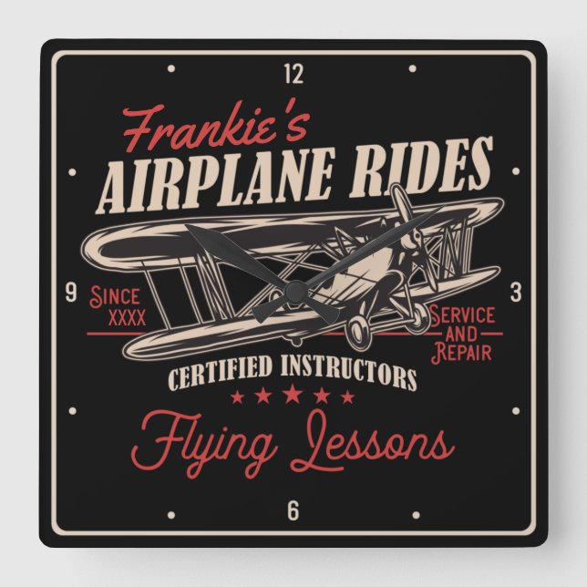Personalised Aeroplane Rides Retro Flying Lessons  Square Wall Clock (Front)