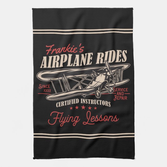 Personalised Aeroplane Rides Retro Flying Lessons  Tea Towel (Vertical)