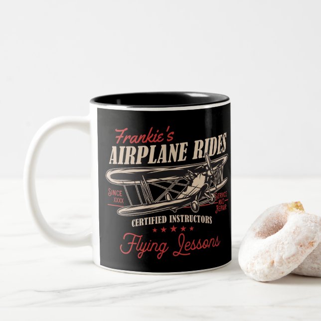 Personalised Aeroplane Rides Retro Flying Lessons Two-Tone Coffee Mug (With Donut)