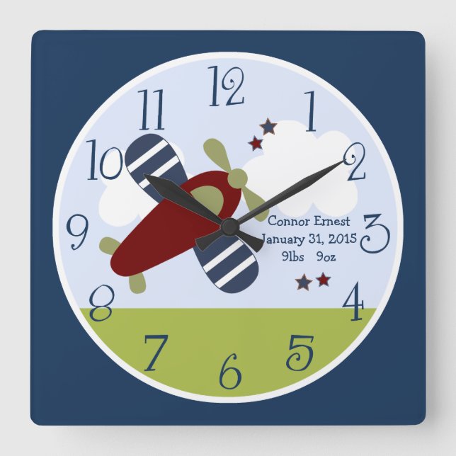Personalised Aeroplane Square Wall Clock (Front)