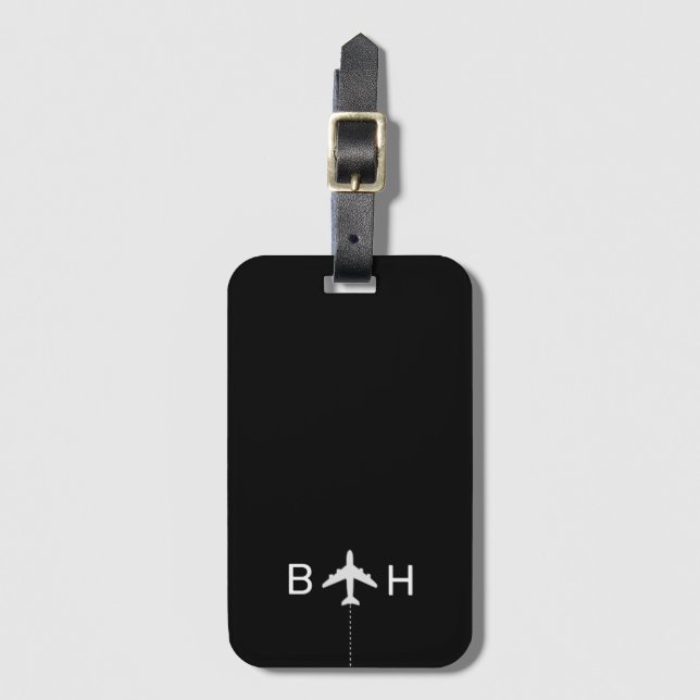 Personalised Aeroplane Travel Monogram Black Lugga Luggage Tag (Front Vertical)