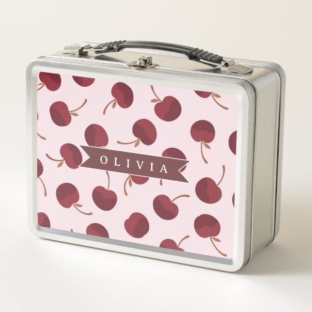 Personalised Aesthetic Cherry Pattern Name Gift Metal Lunch Box (Front)