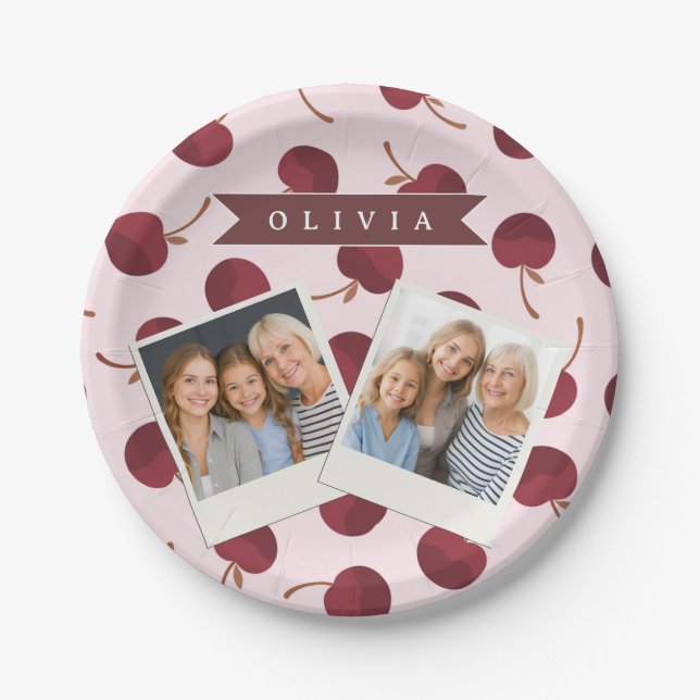 Personalised Aesthetic Cherry Pattern Name Gift Paper Plate (Front)