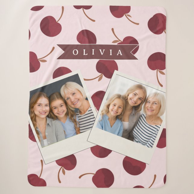 Personalised Aesthetic Cherry Pattern Name Gift Sherpa Blanket (Front)
