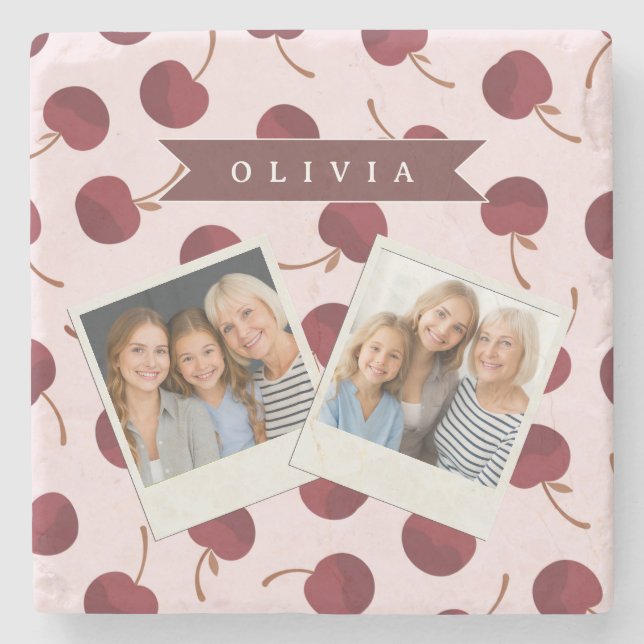 Personalised Aesthetic Cherry Pattern Name Gift Stone Coaster (Front)