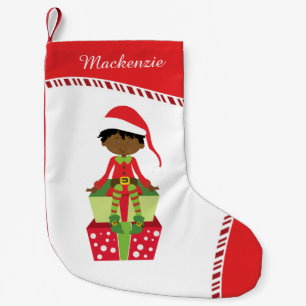 Personalised African American Boy Elf Small Christmas Stocking