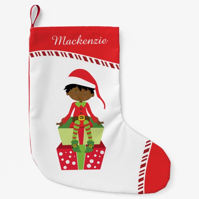 Personalised African American Boy Elf Small Christmas Stocking (Front)