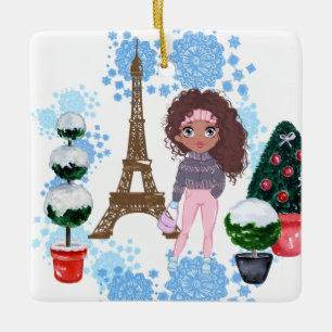 Personalised African American Girl Eiffel Tower Ceramic Ornament