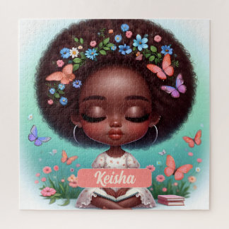Personalised African American Girl with florals Jigsaw Puzzle