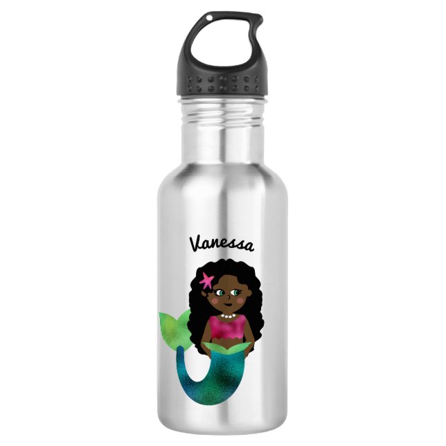 Personalised African American Mermaid Faux Foil 532 Ml Water Bottle (Front)