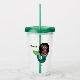Personalised African American Mermaid Faux Foil Acrylic Tumbler