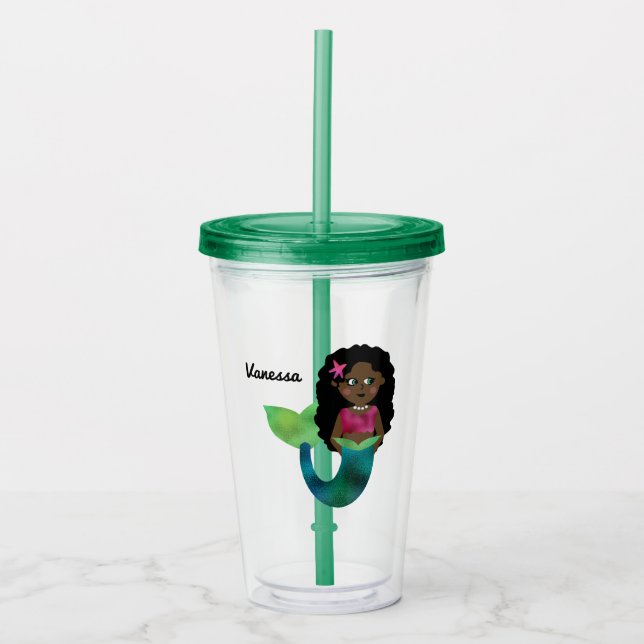 Personalised African American Mermaid Faux Foil Acrylic Tumbler (Front)