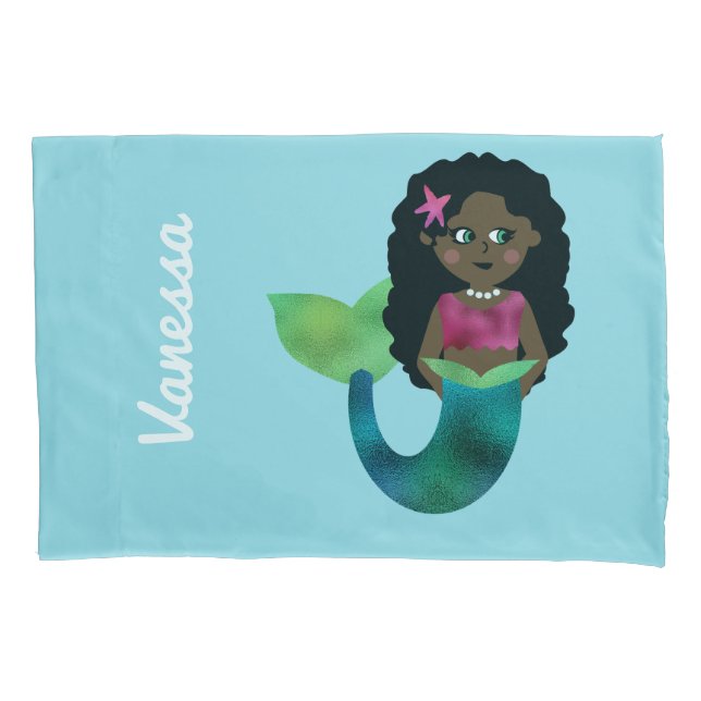 Personalised African American Mermaid Faux Foil Pillowcase (Front)