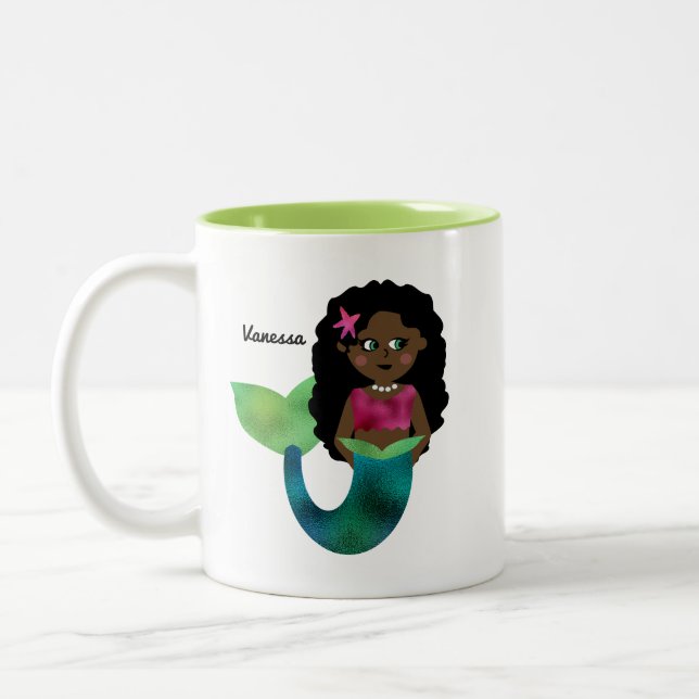 Personalised African American Mermaid Faux Foil Two-Tone Coffee Mug (Left)