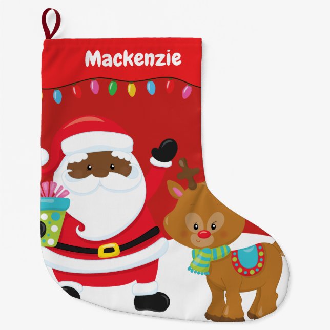 Personalised African American Santa Large Christmas Stocking (Front)