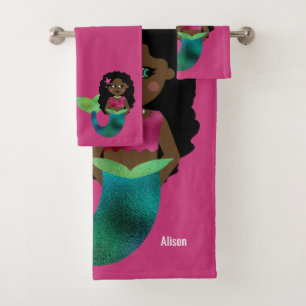 Personalised African Faux Foil Black Mermaid Cute Bath Towel Set