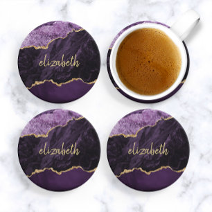 Personalised Agate Geode Purple Gold Sandstone Coaster