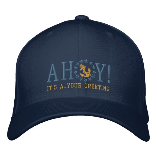 Personalised AHOY! Nautical Greetings Embroidery Embroidered Hat (Front)
