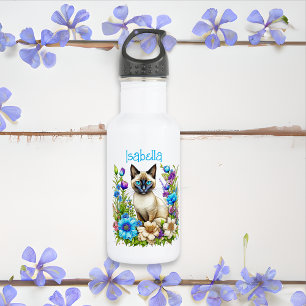 Personalised Ai Watercolor Siamese Cat in Flowers 532 Ml Water Bottle