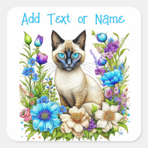 Personalised Ai Watercolor Siamese Cat in Flowers Square Sticker