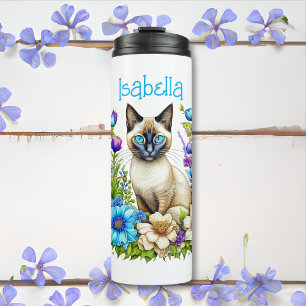 Personalised Ai Watercolor Siamese Cat in Flowers Thermal Tumbler