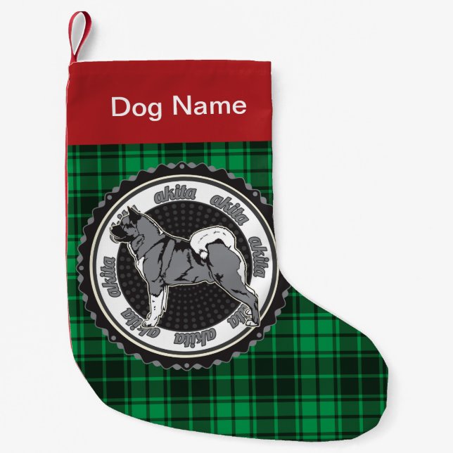 Personalised Akita Dog Breed Holiday Green Plaid Small Christmas Stocking (Front)
