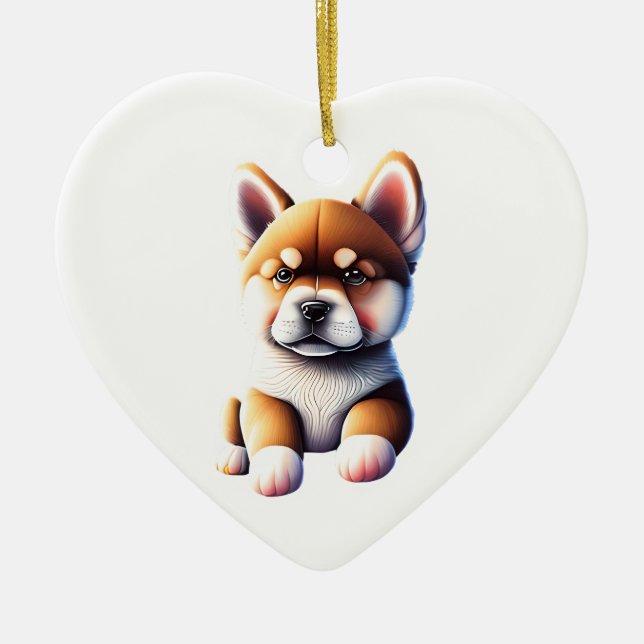 Personalised Akita Puppy Dog Heart Ceramic Tree Decoration (Front)