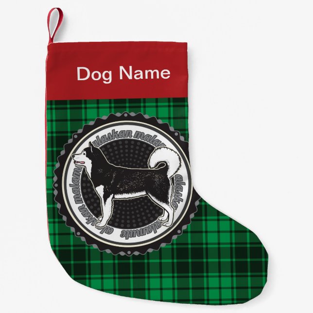 Personalised Alaskan Malamute Dog Green Plaid Small Christmas Stocking (Front)