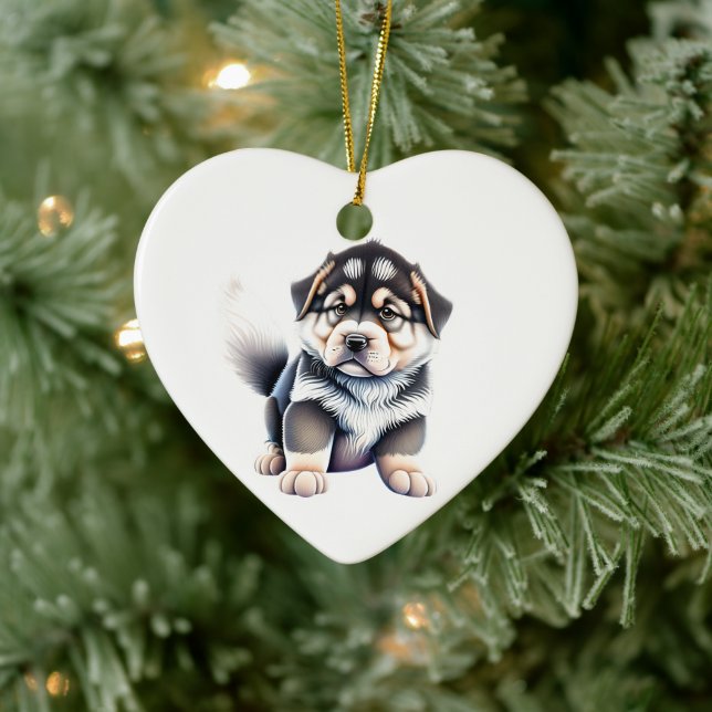 Personalised Alaskan Malamute Puppy Dog Heart Ceramic Tree Decoration (Tree)