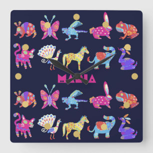 Personalised Alebrije Mexican Animals Folk Art Square Wall Clock