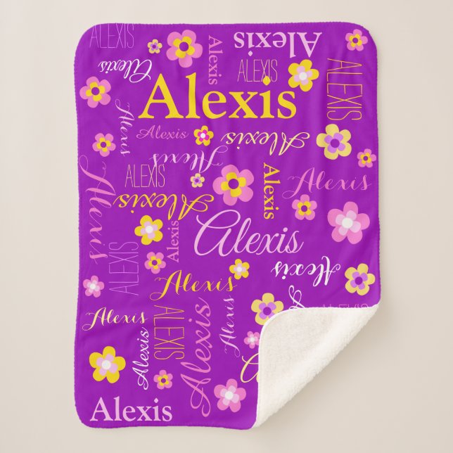 Personalised Alexis flowers and name text Sherpa Blanket (Front)
