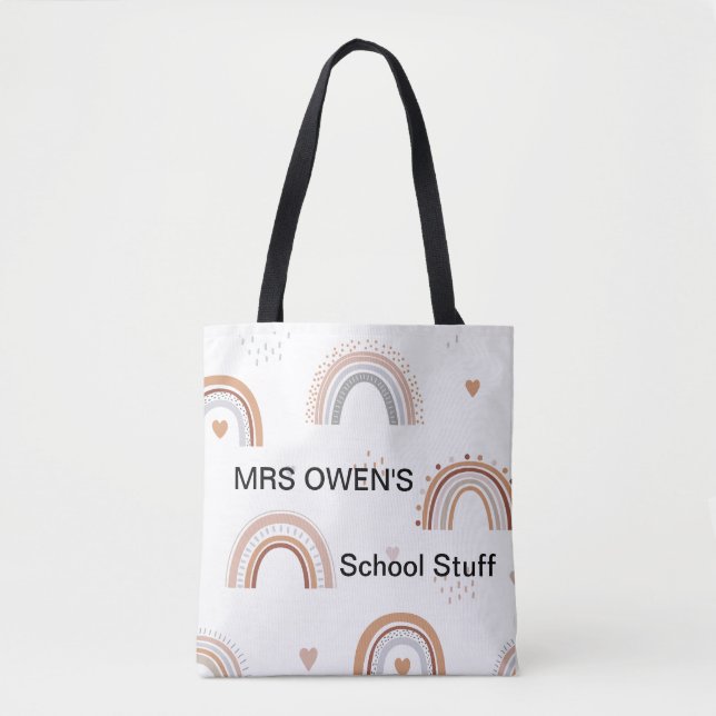 PERSONALISED ALL OVER RETRO RAINBOW TEACHER TOTE BAG (Front)