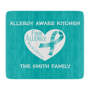 Personalised Allergy Aware Teal Ribbon Heart Teal Cutting Board