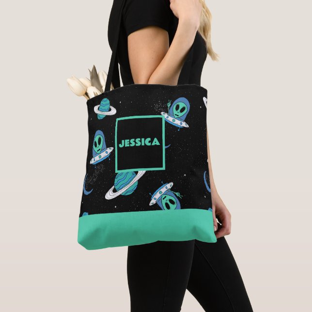 Personalised Allover printed UFO ALIEN Tote Bag (Close Up)
