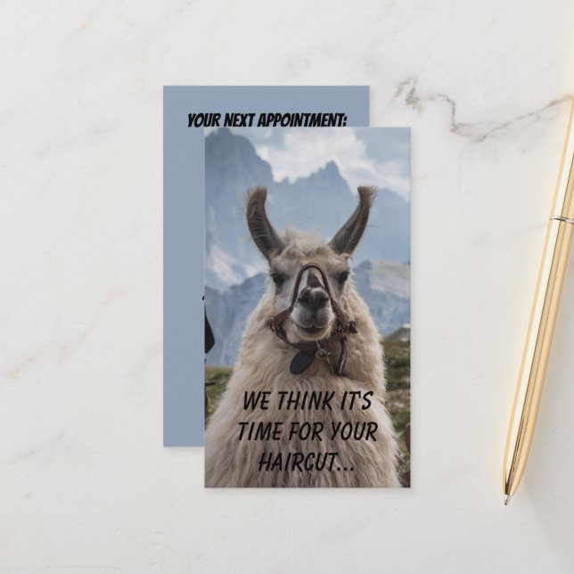 Personalised Alpaca hairstylist custom photo Appointment Card (Front/Back In Situ)