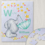 Personalised Alphabet Name Cute Elephant Boys Jigsaw Puzzle<br><div class="desc">Cute elephant jigsaw puzzle for your little boy with custom alphabet name. The template is set up for you to add your name and initial, which is lettered in bold typography. The design has a cute elephant catching falling stars and love hearts in an umbrella. It has a colour palette...</div>
