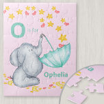 Personalised Alphabet Name Cute Elephant Girls Jigsaw Puzzle<br><div class="desc">Cute elephant jigsaw puzzle for your little girl with custom alphabet name. The template is set up for you to add your name and initial, which is lettered in bold typography. The design has a cute elephant catching falling stars and love hearts in an umbrella. It has a colour palette...</div>