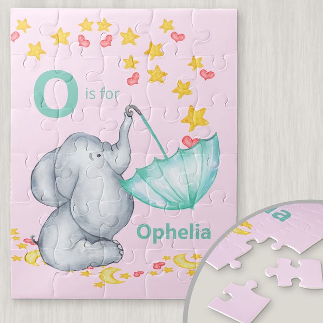 Personalised Alphabet Name Cute Elephant Girls Jigsaw Puzzle (Creator Uploaded)