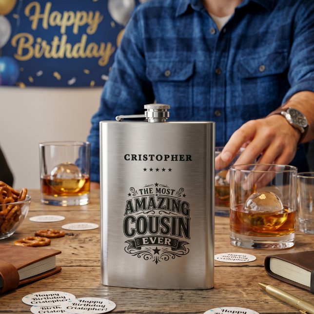Personalised Amazing Cousin Gift Hip Flask (Creator Uploaded)