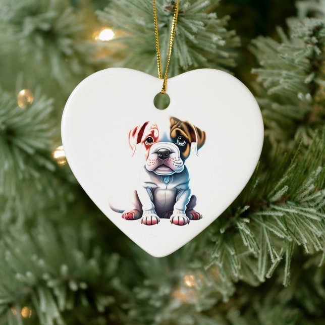 Personalised American Bulldog Puppy Dog Heart Ceramic Tree Decoration (Tree)