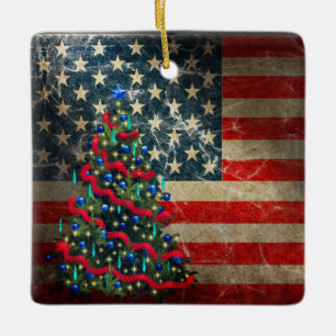 Personalised American Flag and Christmas Tree Ceramic Ornament