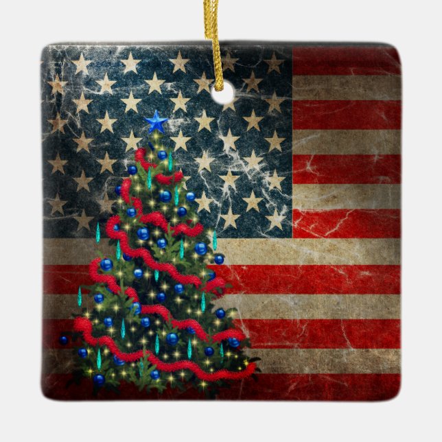Personalised American Flag and Christmas Tree Ceramic Ornament (Front)